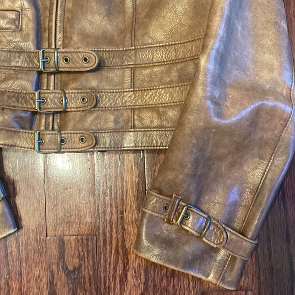 Ralph Lauren Blue Label Aviator Strap Cropped Brown Leather Jacket - Picture 6 of 13